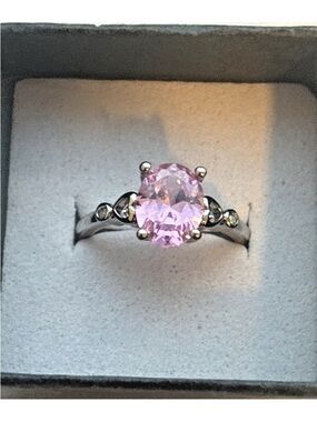 White Gold Plated Pink Oval CZ Ring Adjustable Romantic Engagement Style
